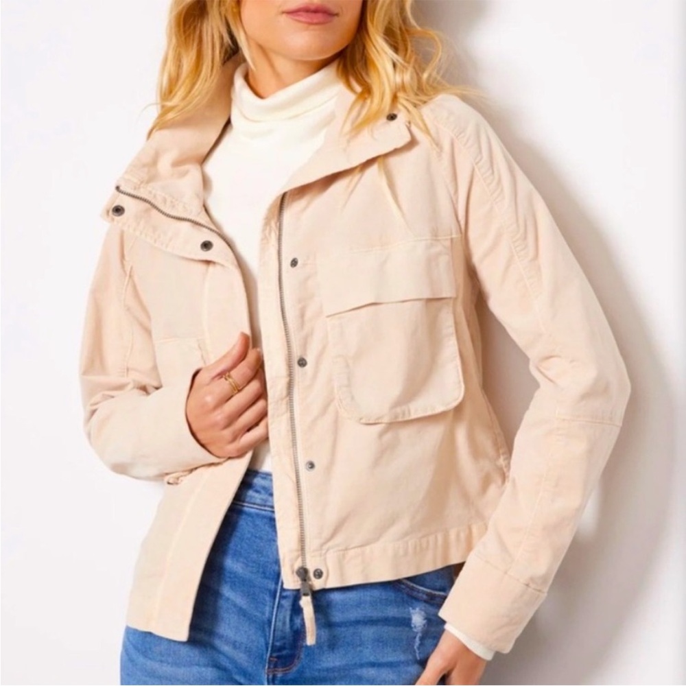 Evereve Corduroy Beige Utility Cropped Camp Jacket Full Zip Mock Neck Women's M